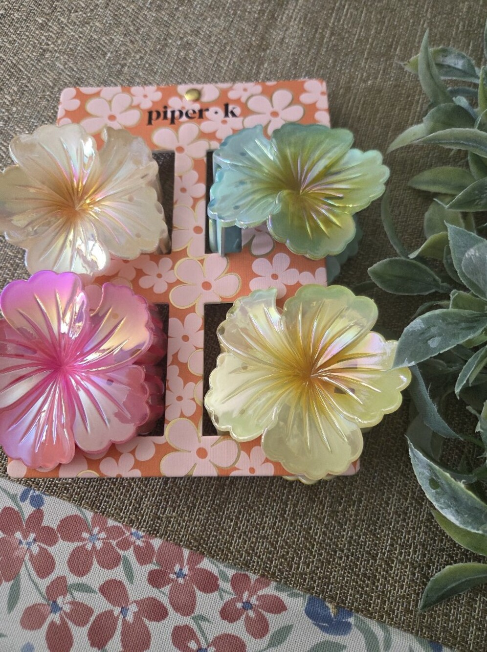 Piper-k Iridescent Flower Hair Clips - Pink, Blue, Gold